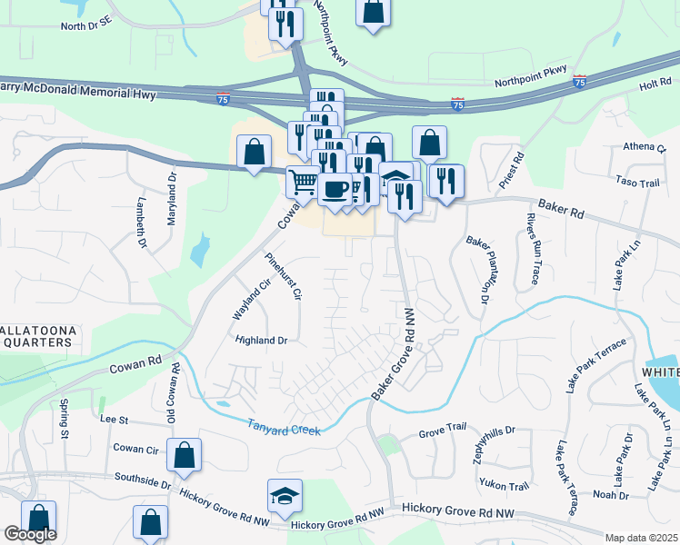 map of restaurants, bars, coffee shops, grocery stores, and more near 331 Windcroft Lane Northwest in Acworth