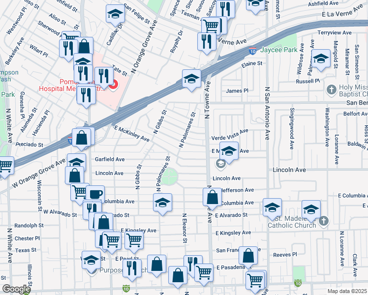 map of restaurants, bars, coffee shops, grocery stores, and more near 1568 North Palomares Street in Pomona