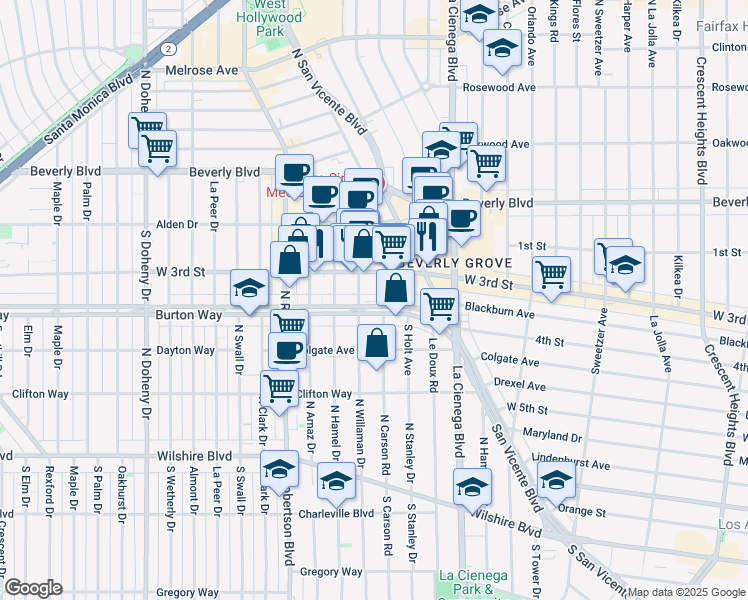 map of restaurants, bars, coffee shops, grocery stores, and more near 8611 Burton Way in Los Angeles