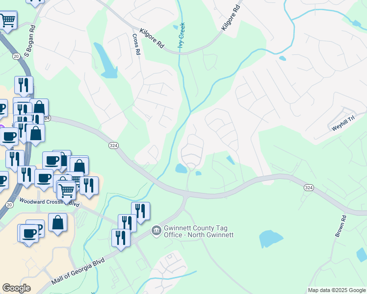 map of restaurants, bars, coffee shops, grocery stores, and more near 3068 Cedar Glade Lane Northeast in Buford