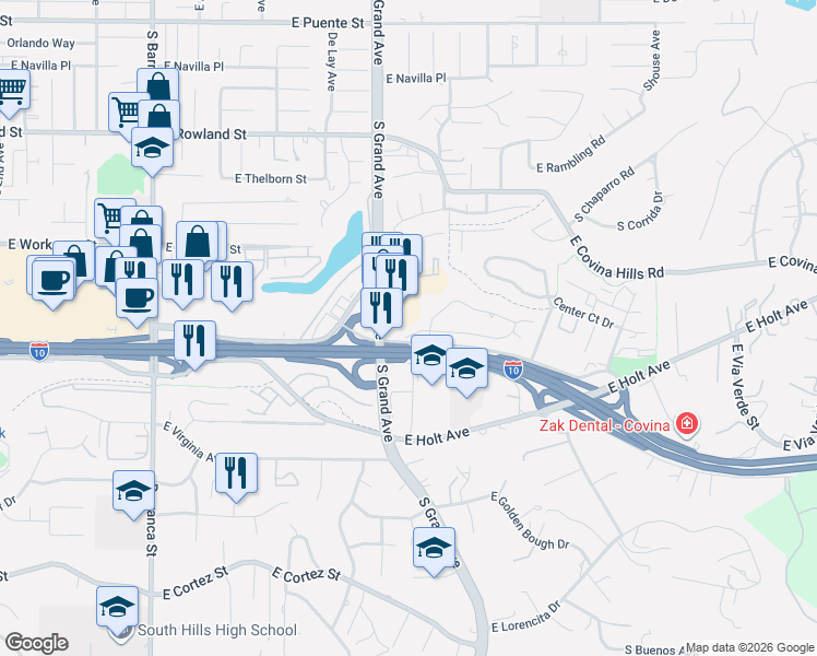 map of restaurants, bars, coffee shops, grocery stores, and more near 3429 East Miriam Drive in West Covina