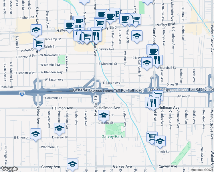 map of restaurants, bars, coffee shops, grocery stores, and more near 2024 Brighton Street in San Gabriel