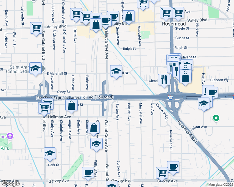 map of restaurants, bars, coffee shops, grocery stores, and more near 8644 Olney Street in Rosemead