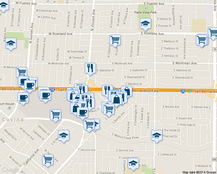 map of restaurants, bars, coffee shops, grocery stores, and more near 1054 East Mardina Street in West Covina