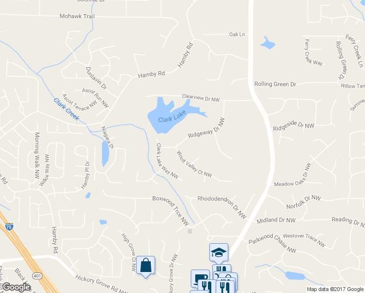 map of restaurants, bars, coffee shops, grocery stores, and more near 1471 Ridgeway Drive Northwest in Acworth