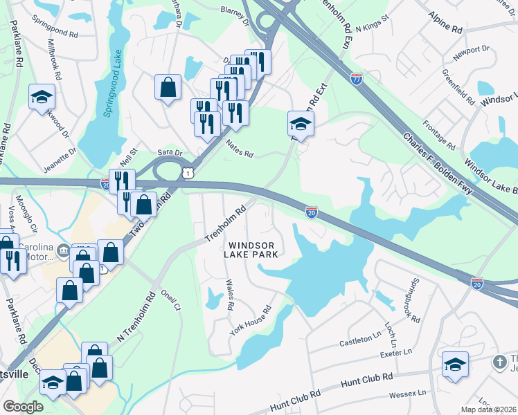 map of restaurants, bars, coffee shops, grocery stores, and more near 2924 Chatsworth Road in Columbia