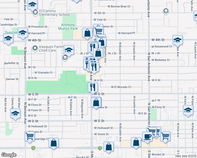 map of restaurants, bars, coffee shops, grocery stores, and more near 805 North Palmetto Avenue in Ontario