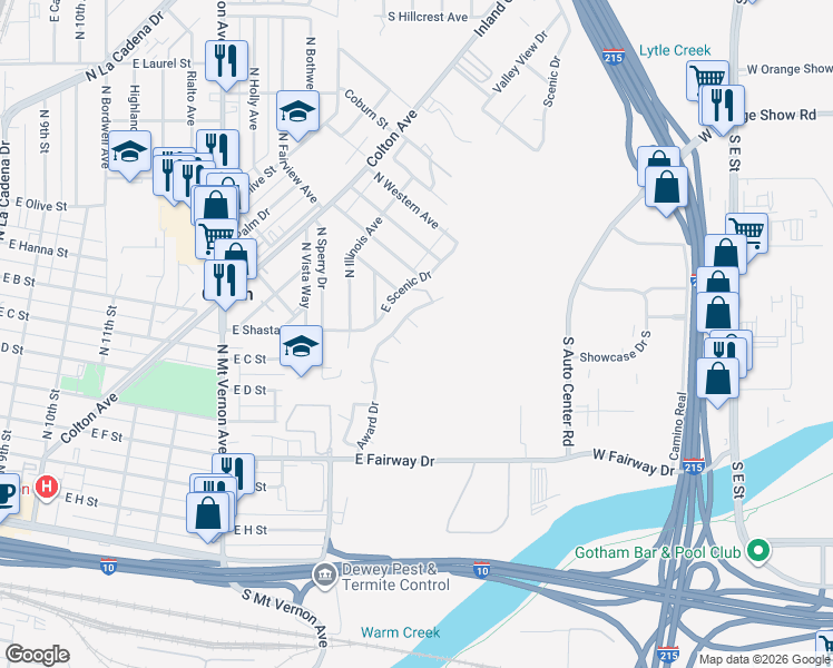 map of restaurants, bars, coffee shops, grocery stores, and more near 1280 James Wehr Court in Colton