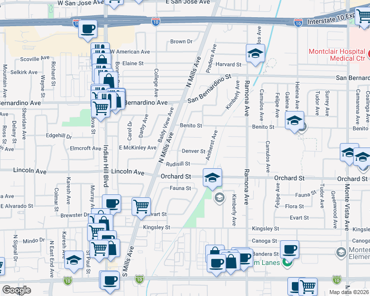 map of restaurants, bars, coffee shops, grocery stores, and more near 4254 Denver Street in Montclair