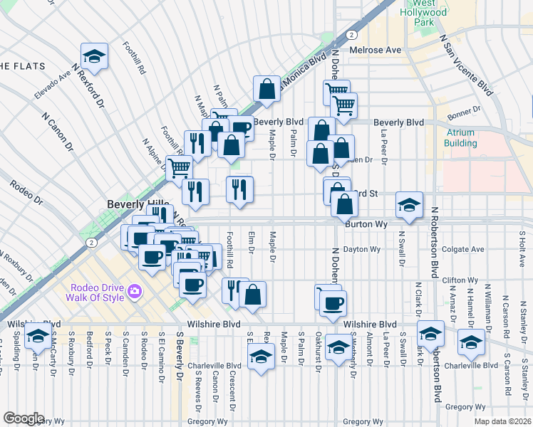 map of restaurants, bars, coffee shops, grocery stores, and more near 9233 Burton Way in Beverly Hills