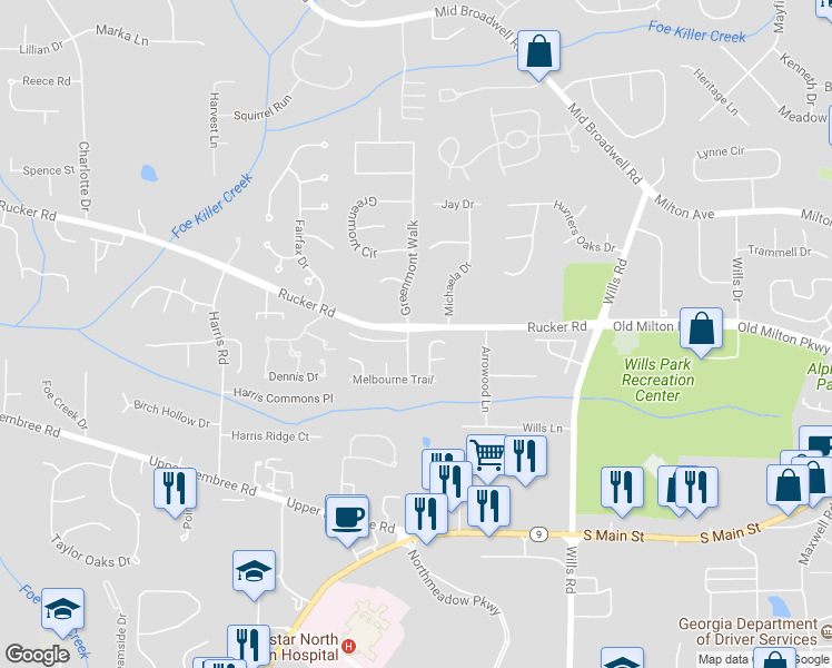 map of restaurants, bars, coffee shops, grocery stores, and more near 11925 Brisbane Drive in Alpharetta