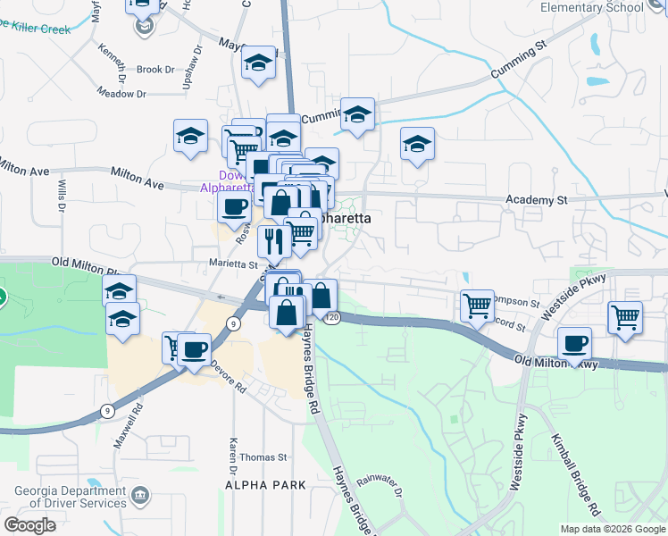 map of restaurants, bars, coffee shops, grocery stores, and more near 2410 Melina Place in Alpharetta