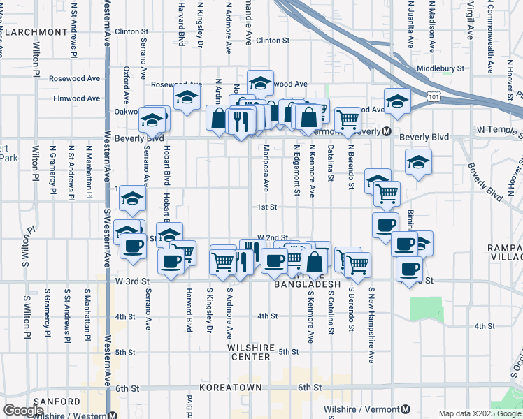 map of restaurants, bars, coffee shops, grocery stores, and more near 101 South Mariposa Avenue in Los Angeles