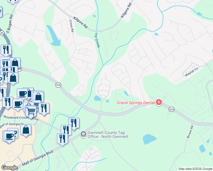 map of restaurants, bars, coffee shops, grocery stores, and more near 2203 Hyssop Way in Buford