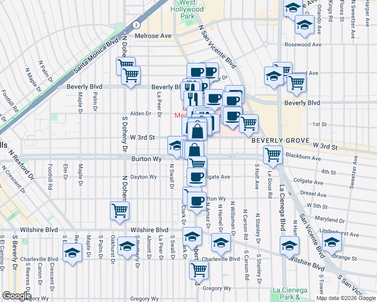 map of restaurants, bars, coffee shops, grocery stores, and more near 8811 Burton Way in West Hollywood
