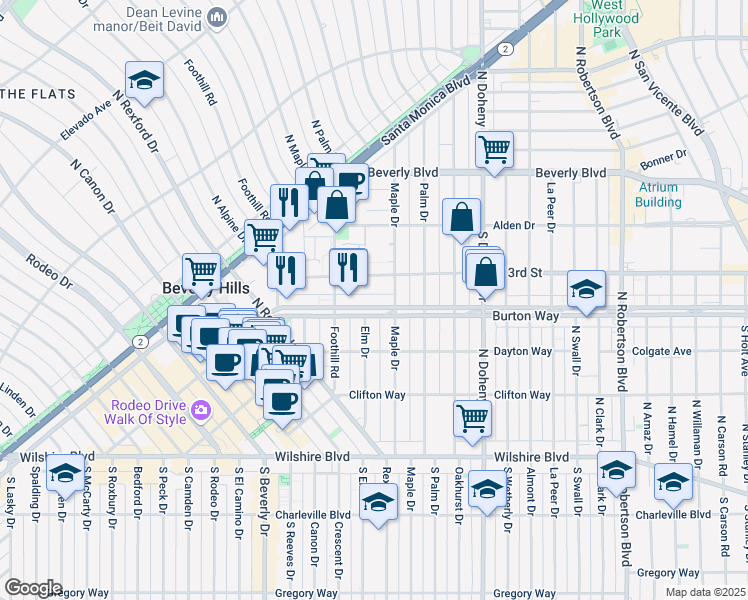 map of restaurants, bars, coffee shops, grocery stores, and more near 9249 Burton Way in Beverly Hills