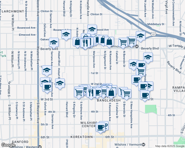 map of restaurants, bars, coffee shops, grocery stores, and more near 101 South Mariposa Avenue in Los Angeles