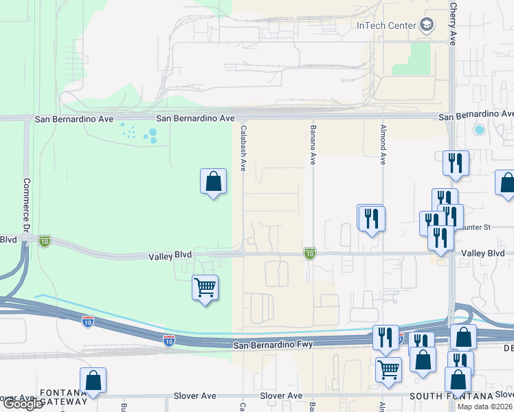 map of restaurants, bars, coffee shops, grocery stores, and more near 13940 Iris Drive in Fontana