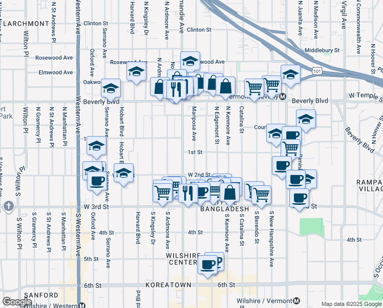 map of restaurants, bars, coffee shops, grocery stores, and more near 110 South Mariposa Avenue in Los Angeles