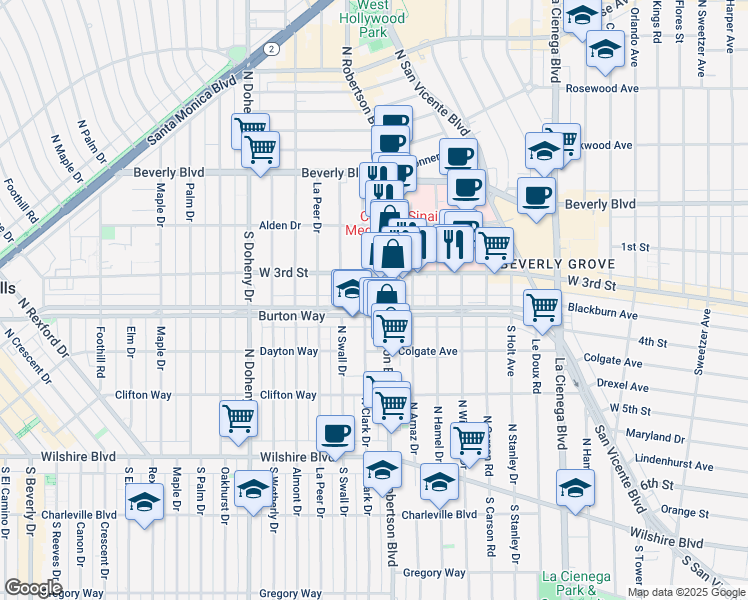 map of restaurants, bars, coffee shops, grocery stores, and more near 8811 Burton Way in Los Angeles