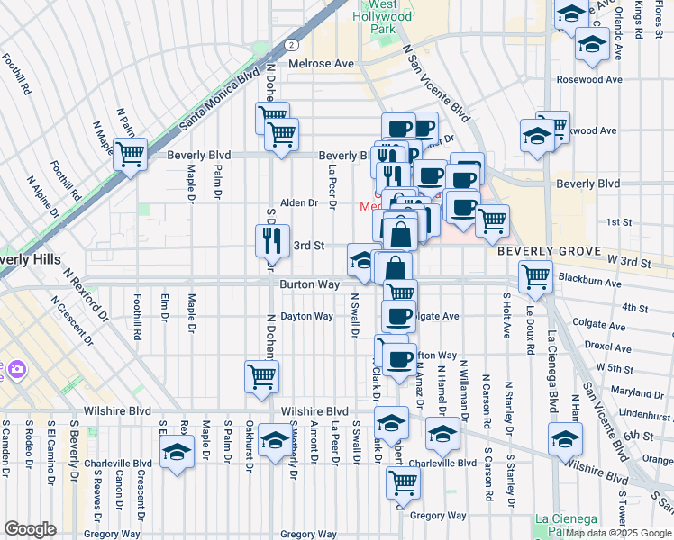 map of restaurants, bars, coffee shops, grocery stores, and more near 8921 Burton Way in Los Angeles