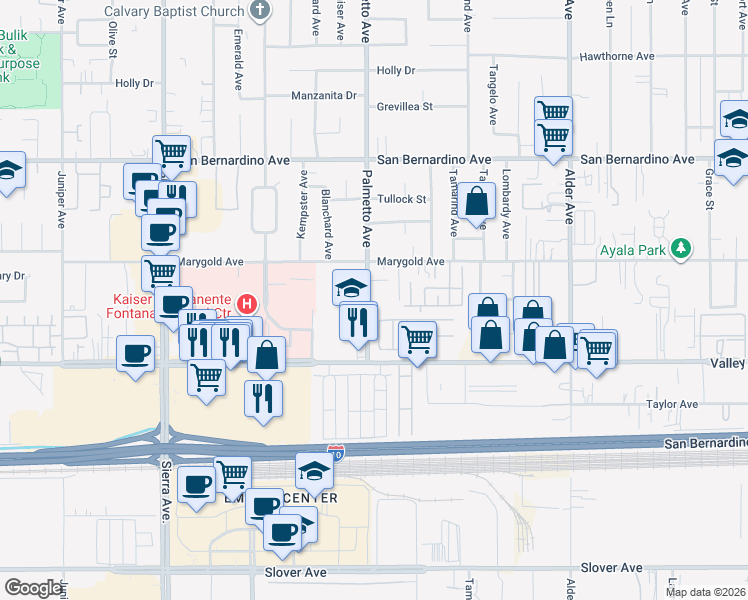 map of restaurants, bars, coffee shops, grocery stores, and more near 9975 Palmetto Avenue in Fontana