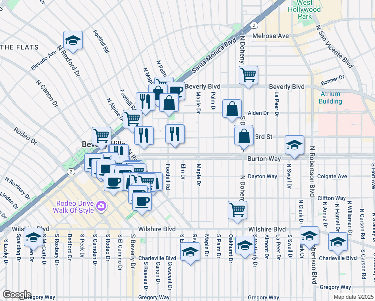 map of restaurants, bars, coffee shops, grocery stores, and more near 9249 Burton Way in Beverly Hills