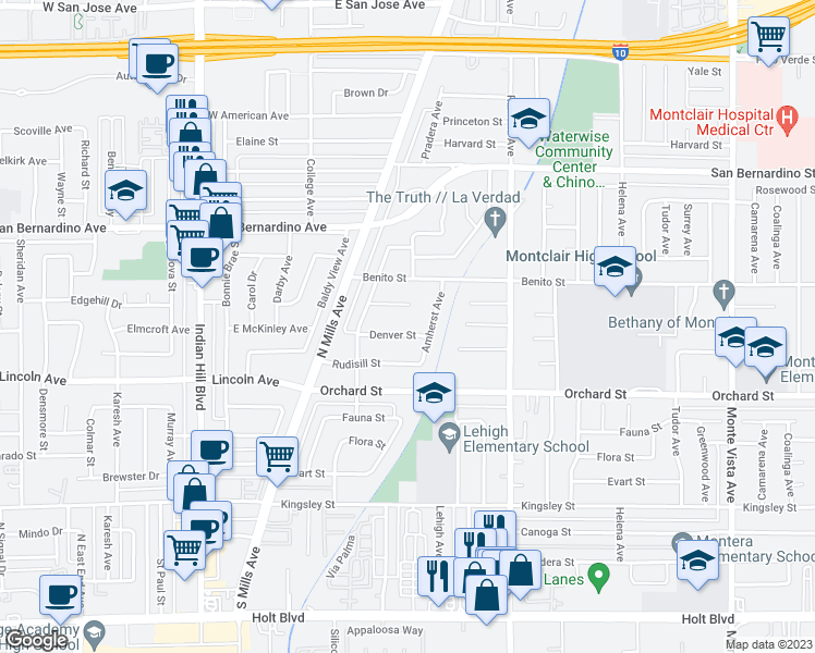 map of restaurants, bars, coffee shops, grocery stores, and more near 4324 Denver Street in Montclair