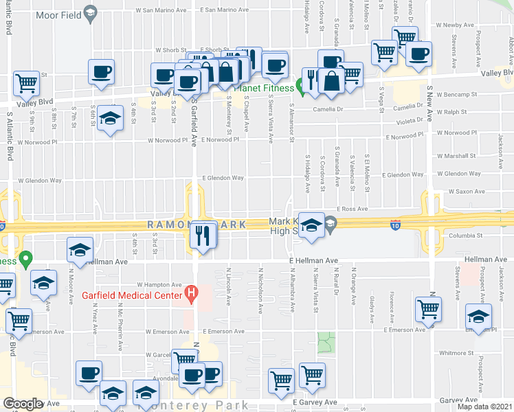 map of restaurants, bars, coffee shops, grocery stores, and more near 1842 South Chapel Avenue in Alhambra
