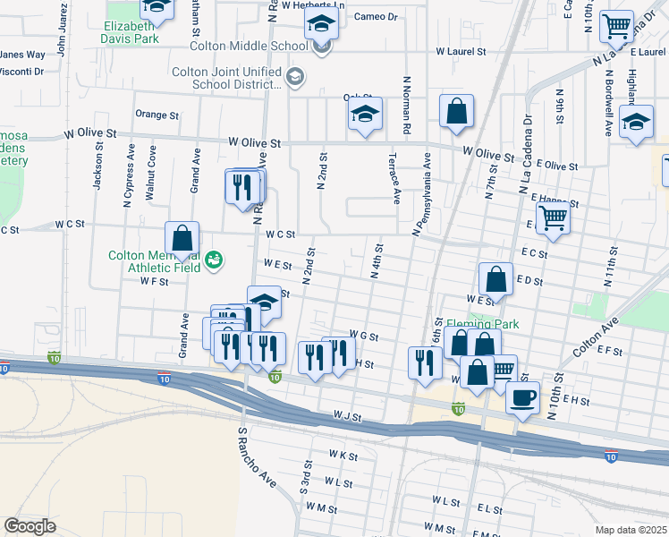 map of restaurants, bars, coffee shops, grocery stores, and more near 611 West E Street in Colton
