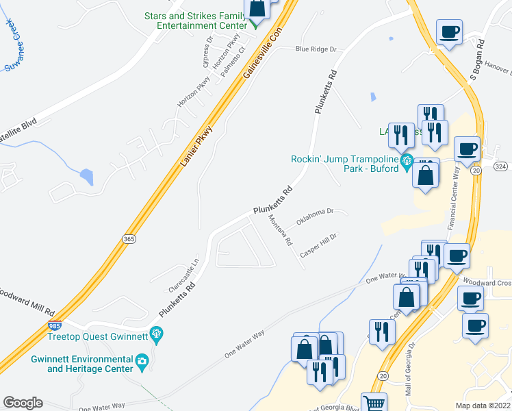 map of restaurants, bars, coffee shops, grocery stores, and more near 1510 Plunkett Road in Buford