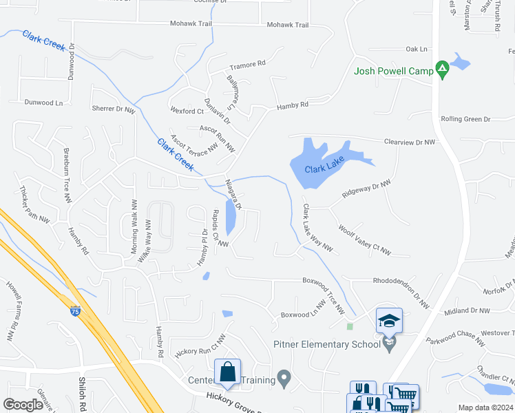 map of restaurants, bars, coffee shops, grocery stores, and more near 4986 Niagara Drive in Acworth