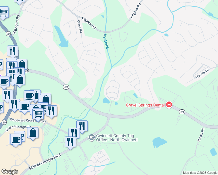 map of restaurants, bars, coffee shops, grocery stores, and more near 3073 Cedar Glade Lane Northeast in Buford