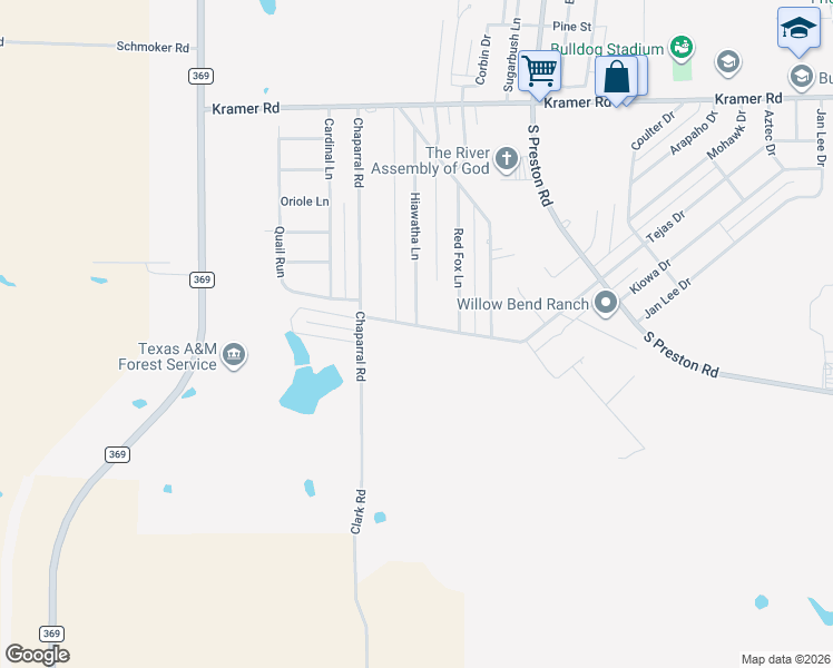 map of restaurants, bars, coffee shops, grocery stores, and more near 1037 Pawhuska Lane in Burkburnett