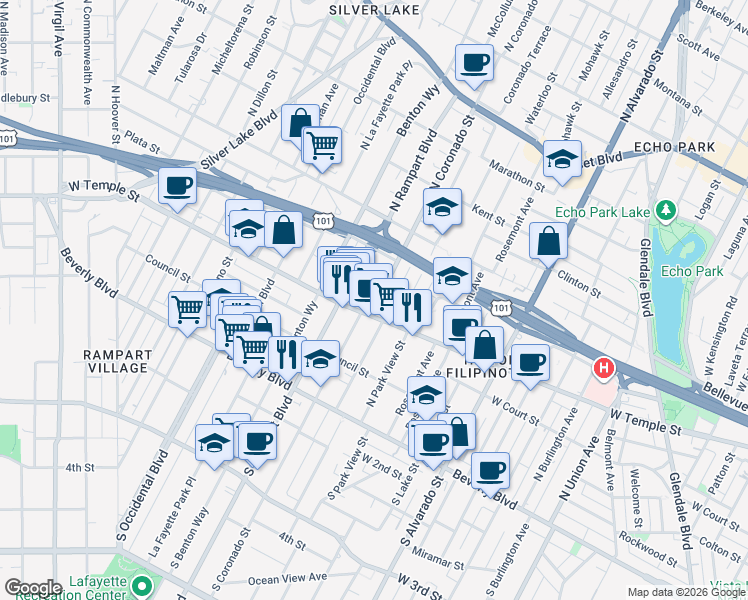 map of restaurants, bars, coffee shops, grocery stores, and more near North Coronado Street in Los Angeles