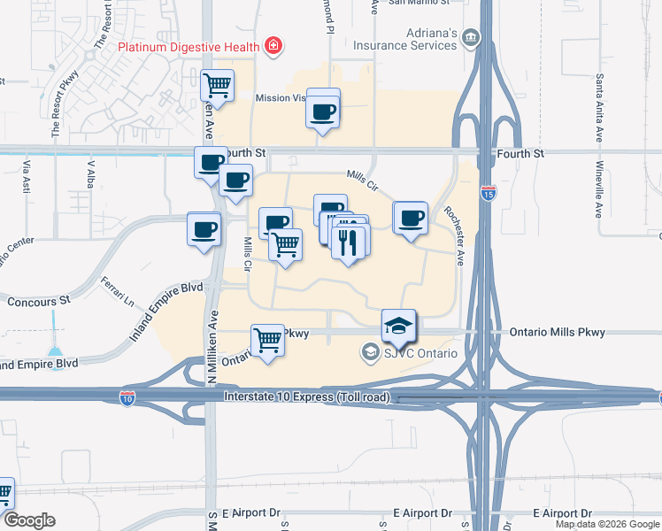 map of restaurants, bars, coffee shops, grocery stores, and more near 1 Mills Circle in Ontario