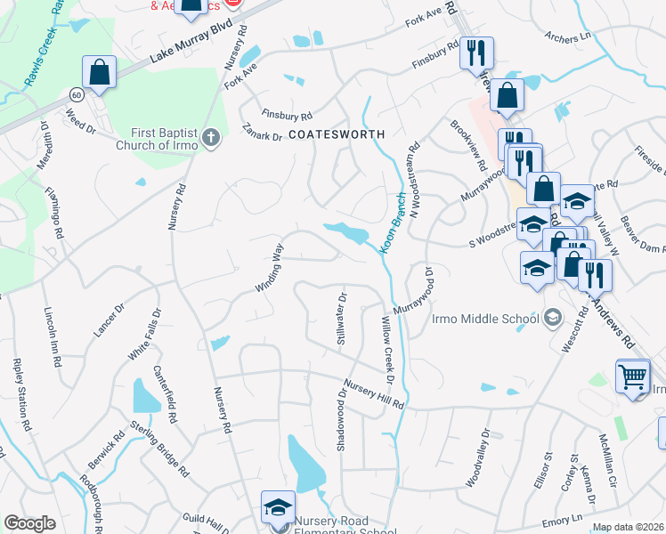 map of restaurants, bars, coffee shops, grocery stores, and more near 332 Post Oak Way in Columbia