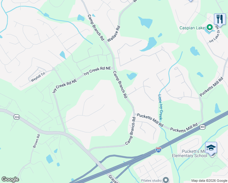 map of restaurants, bars, coffee shops, grocery stores, and more near 2850 Camp Branch Road in Buford