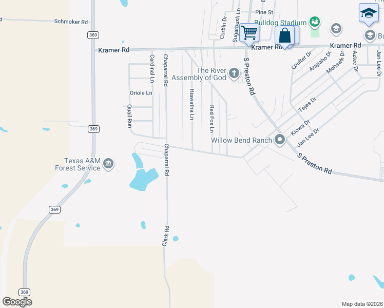 map of restaurants, bars, coffee shops, grocery stores, and more near 1037 Pawhuska Lane in Burkburnett