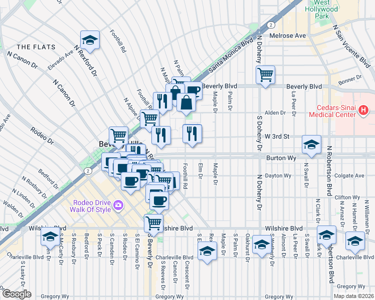 map of restaurants, bars, coffee shops, grocery stores, and more near 9307a Burton Way in Beverly Hills