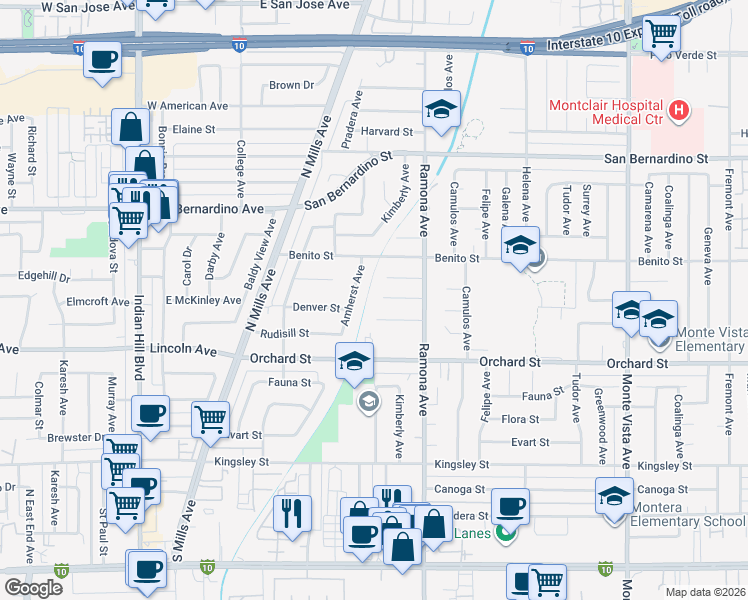 map of restaurants, bars, coffee shops, grocery stores, and more near 4401 Denver Street in Montclair