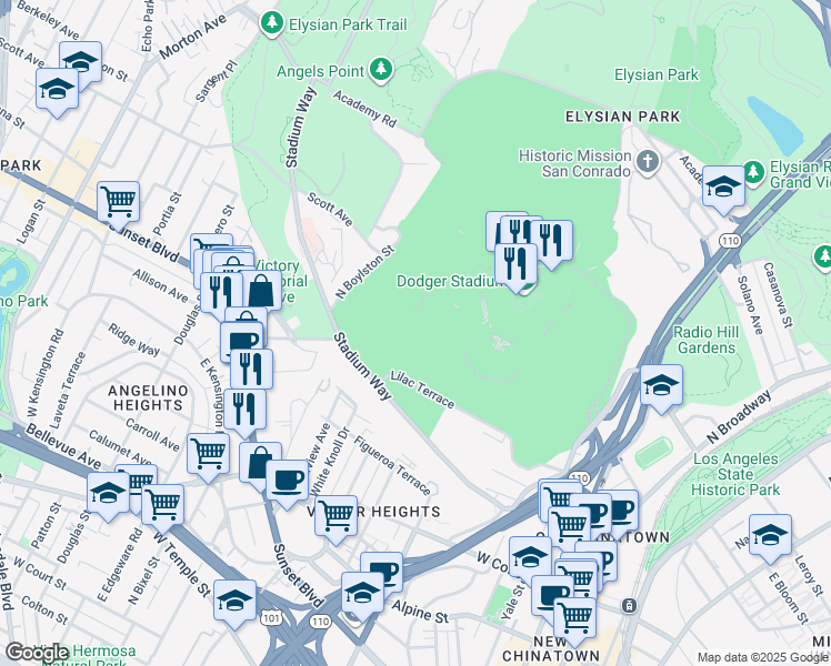 map of restaurants, bars, coffee shops, grocery stores, and more near in DODGERTOWN