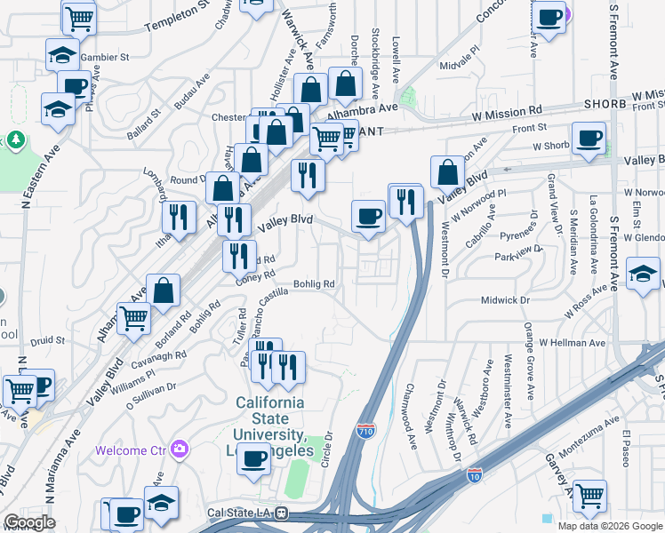 map of restaurants, bars, coffee shops, grocery stores, and more near 2321 Mariondale Avenue in Los Angeles