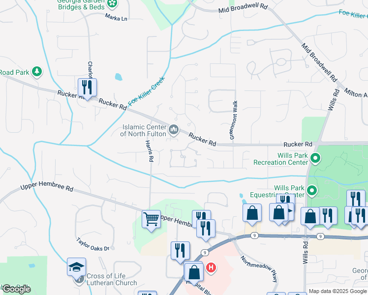map of restaurants, bars, coffee shops, grocery stores, and more near 201 Emily Lane in Alpharetta