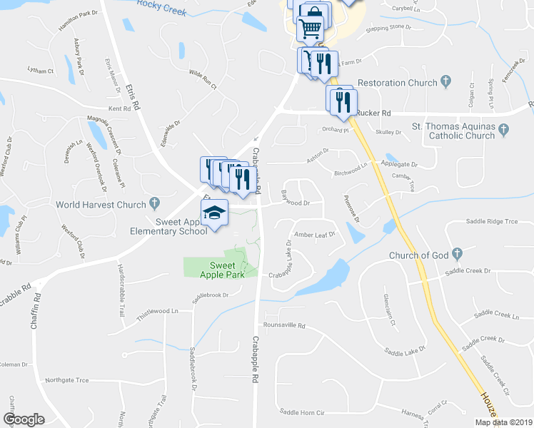 map of restaurants, bars, coffee shops, grocery stores, and more near 11985 Crabapple Road in Roswell