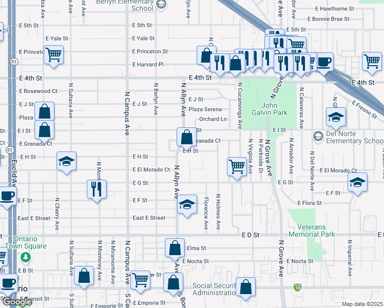 map of restaurants, bars, coffee shops, grocery stores, and more near in Ontario