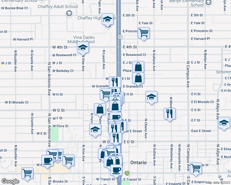 map of restaurants, bars, coffee shops, grocery stores, and more near 805 North Euclid Avenue in Ontario
