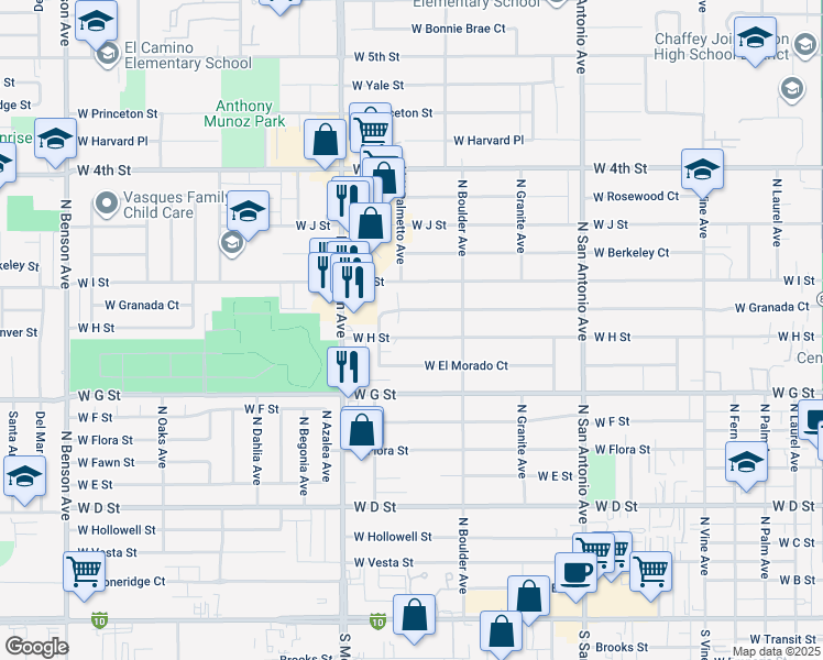 map of restaurants, bars, coffee shops, grocery stores, and more near 958 West H Street in Ontario