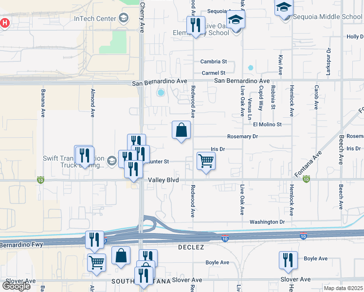map of restaurants, bars, coffee shops, grocery stores, and more near 9988 Redwood Avenue in Fontana
