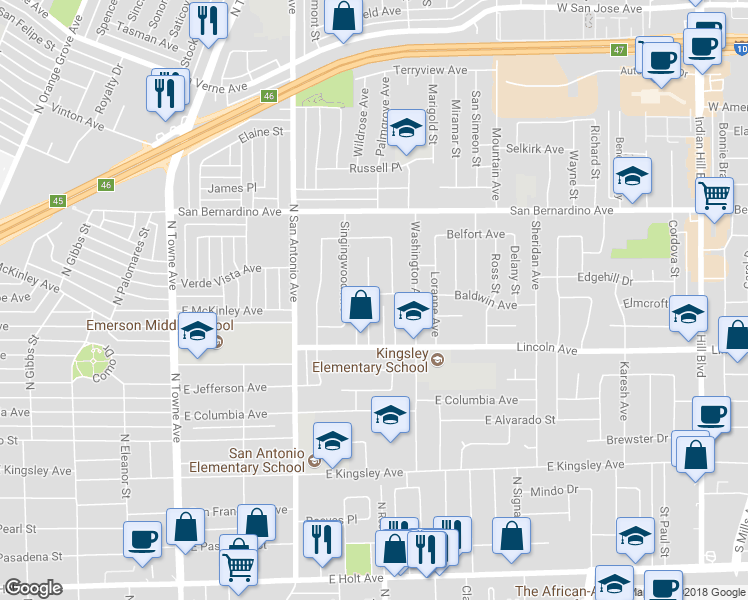 map of restaurants, bars, coffee shops, grocery stores, and more near 906 Barbara Lane in Pomona